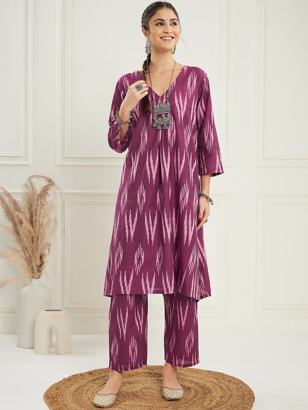 

InWeave Purple & White Ikat Printed V-Neck Pure Cotton A-Line Kurta With Trousers
