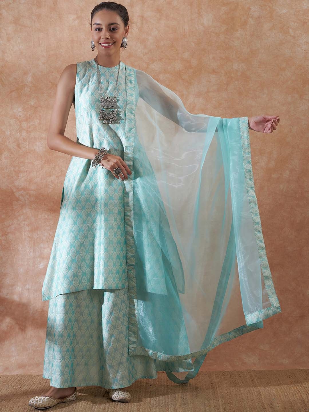 

InWeave Blue & White Woven Design Straight Kurta & Skirt With Dupatta