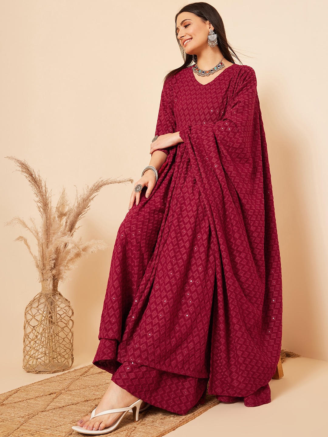 

InWeave Ethnic Motifs Embroidered Sequinned Anarkali Kurta & Trousers With Dupatta, Maroon