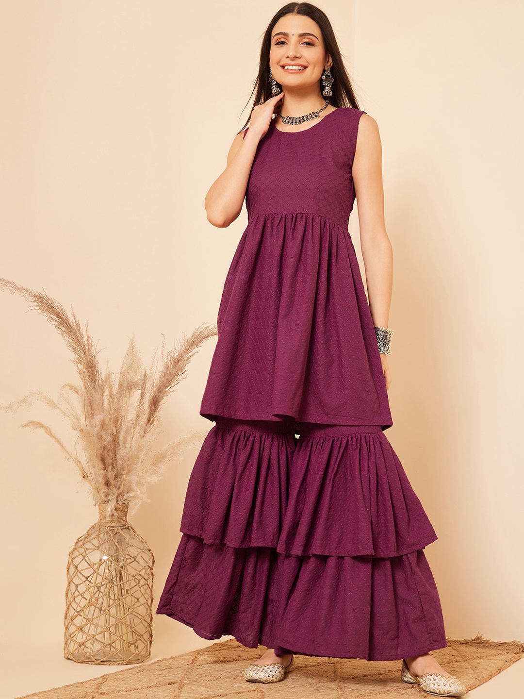 

InWeave Ethnic Motifs Embroidered A-Line Kurta with Sharara, Purple