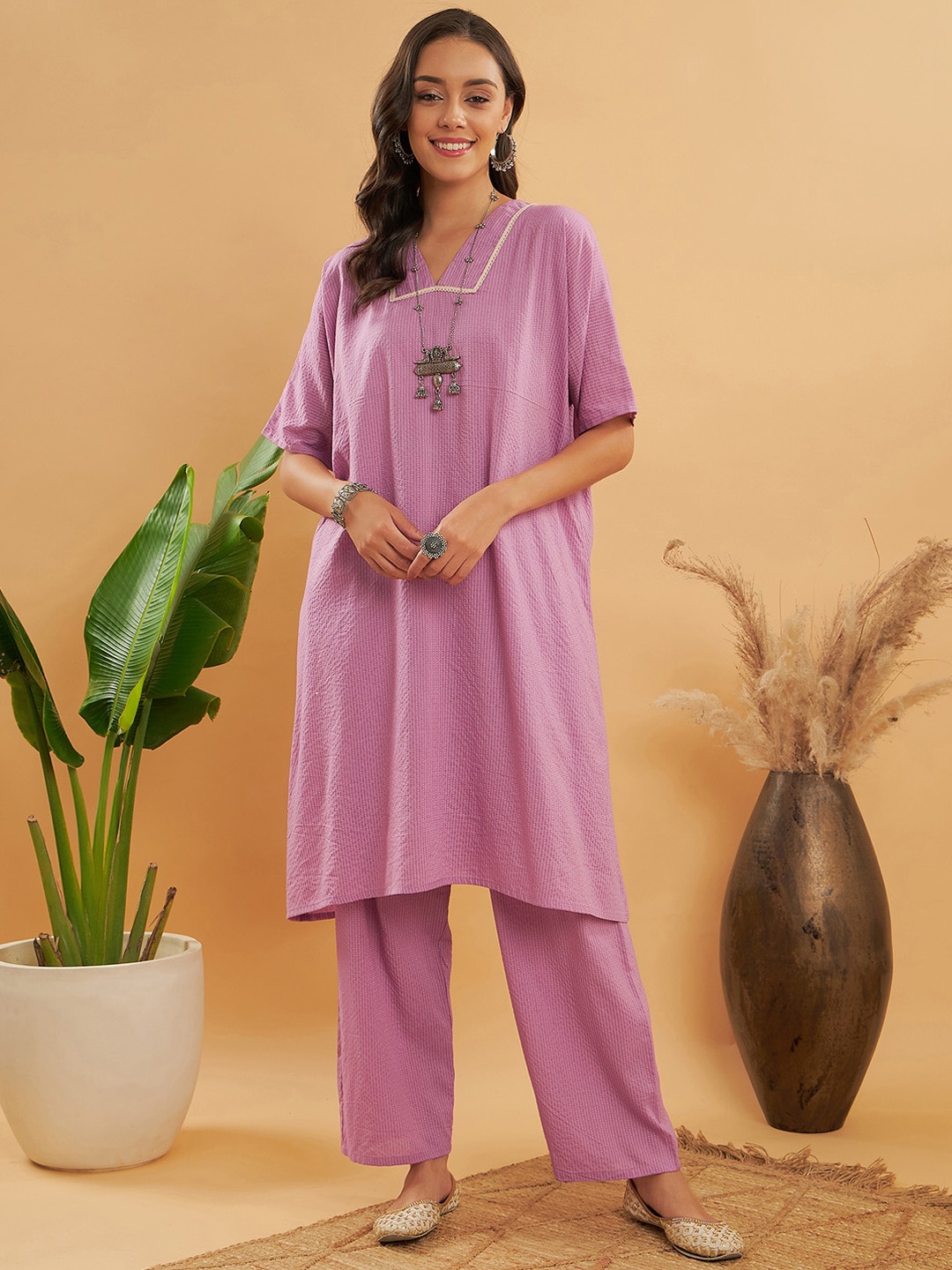 

InWeave Striped Thread Work Pure Cotton Kurta with Trousers, Mauve