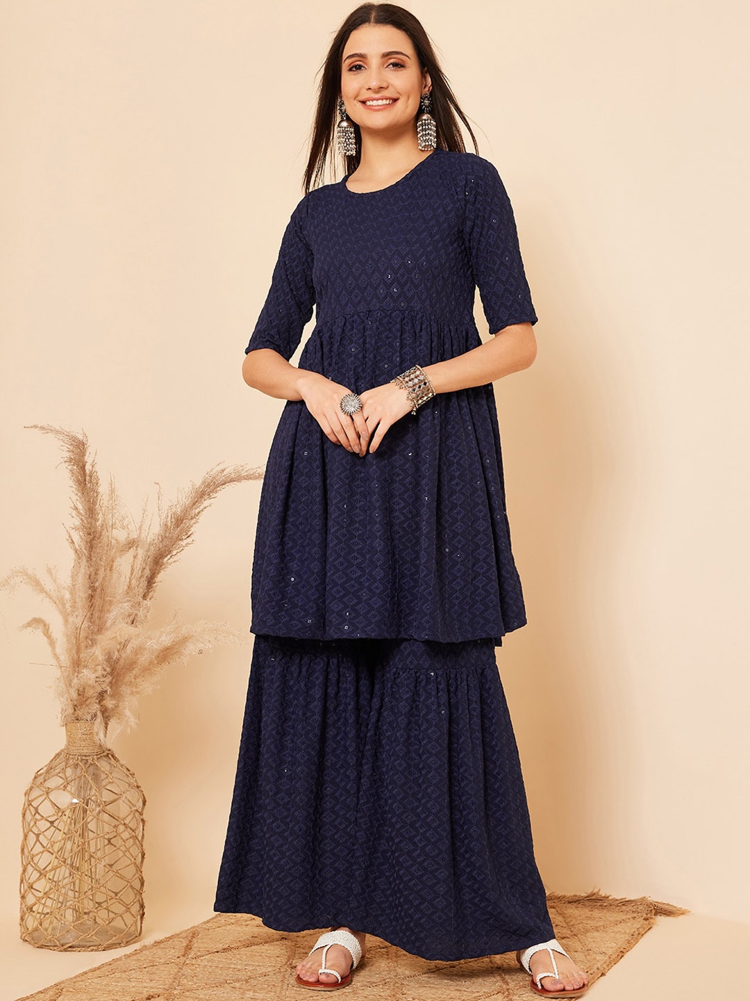 

InWeave Ethnic Motifs Embroidered Sequinned Straight Kurta With Sharara, Blue