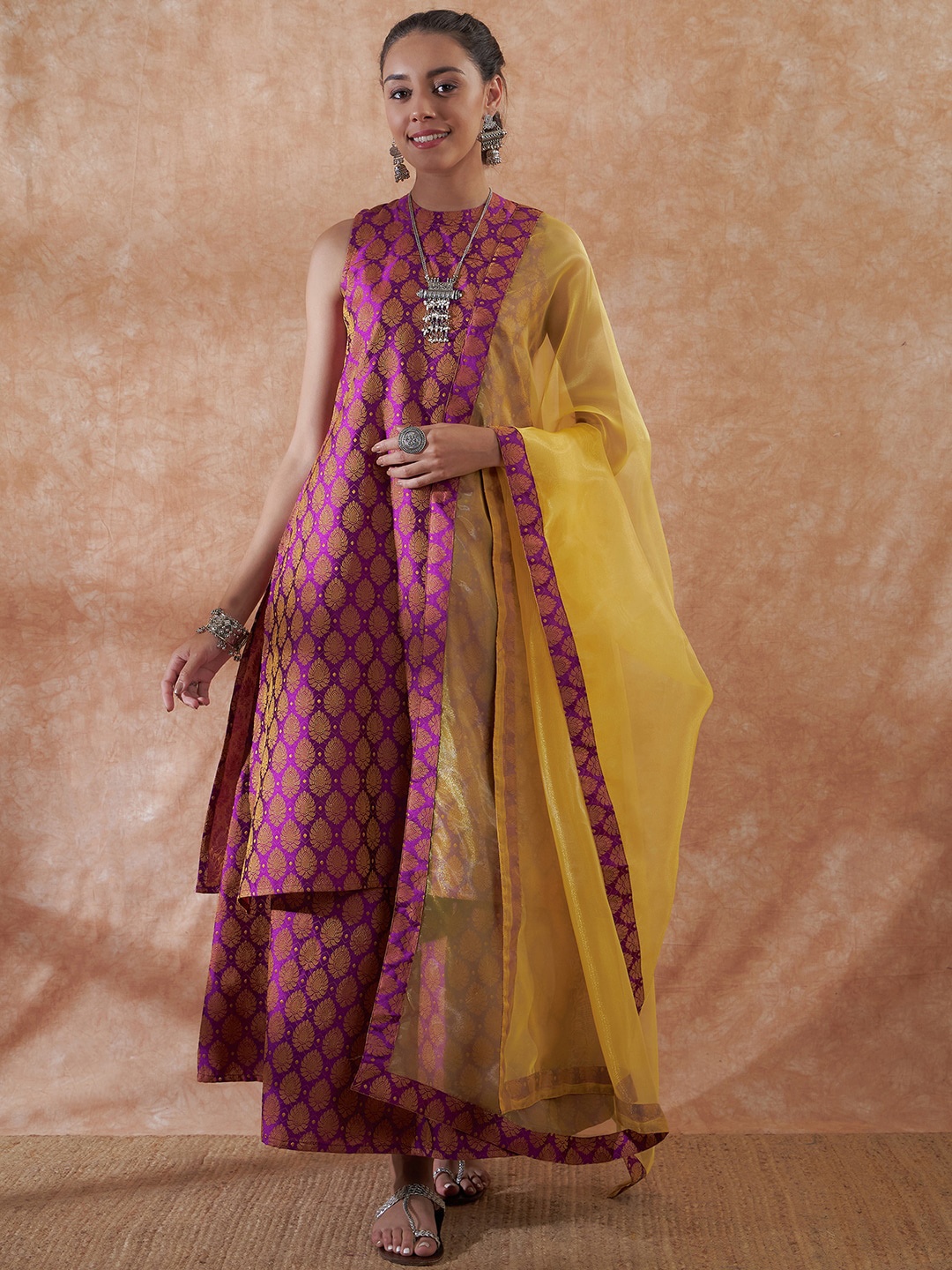 

InWeave Woven Design Sleeveless Straight Kurta With Palazzos & With Dupatta, Purple