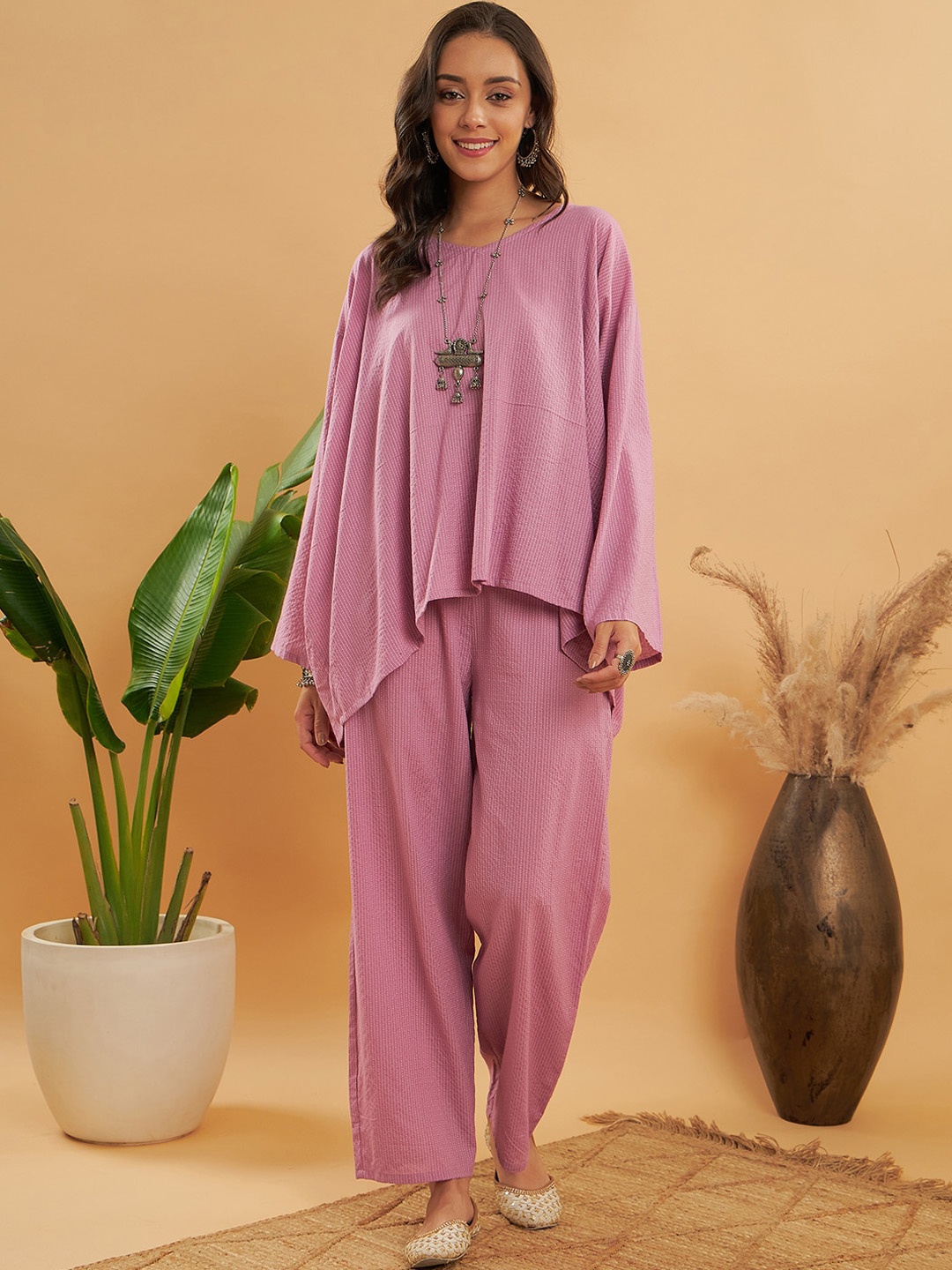 

InWeave Self Design V-Neck Long Sleeves Top WithTrousers, Mauve