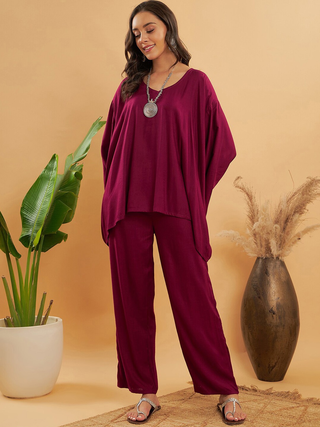 

InWeave V-Neck Long Sleeves Top With Trousers, Burgundy