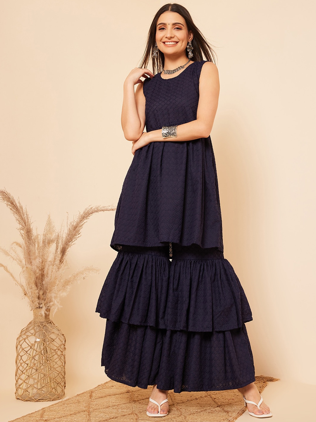 

InWeave Navy Blue Ethnic Motifs Embroidered Thread Work Pure Cotton Kurta With Sharara