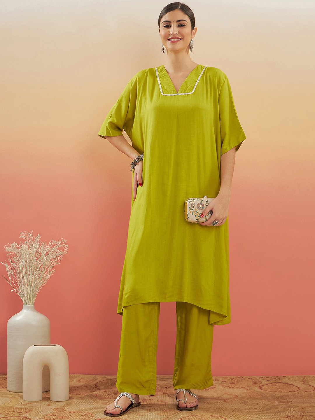 

InWeave Green V-Neck A-Line Kurta With Trousers
