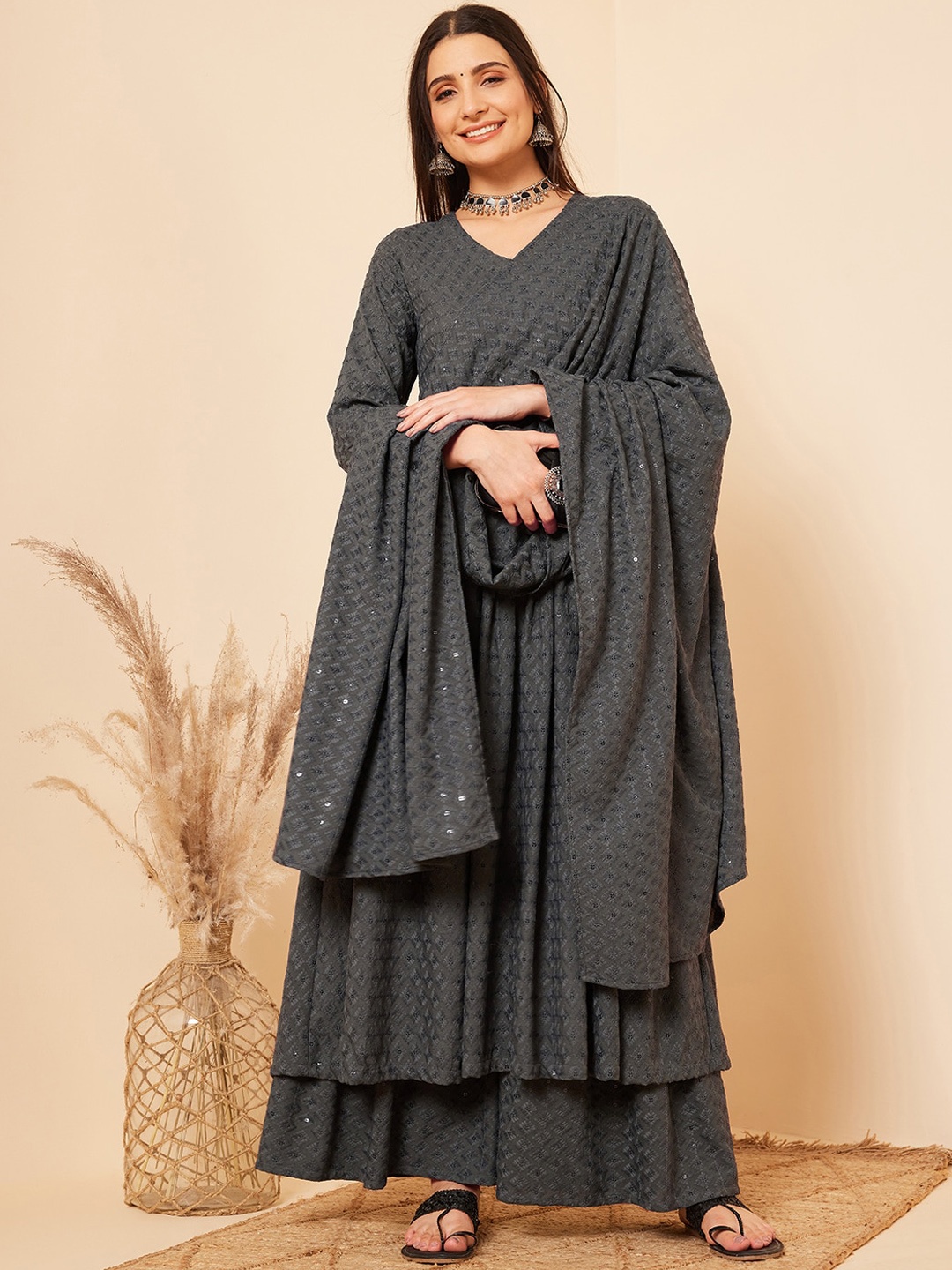 

InWeave Geometric Embroidered Sequinned Anarkali Kurta With Palazzos & With Dupatta, Grey