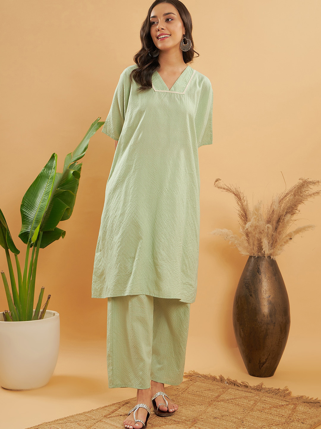 

InWeave Women Striped Thread Work Pure Cotton Straight Kurta With Trousers, Green
