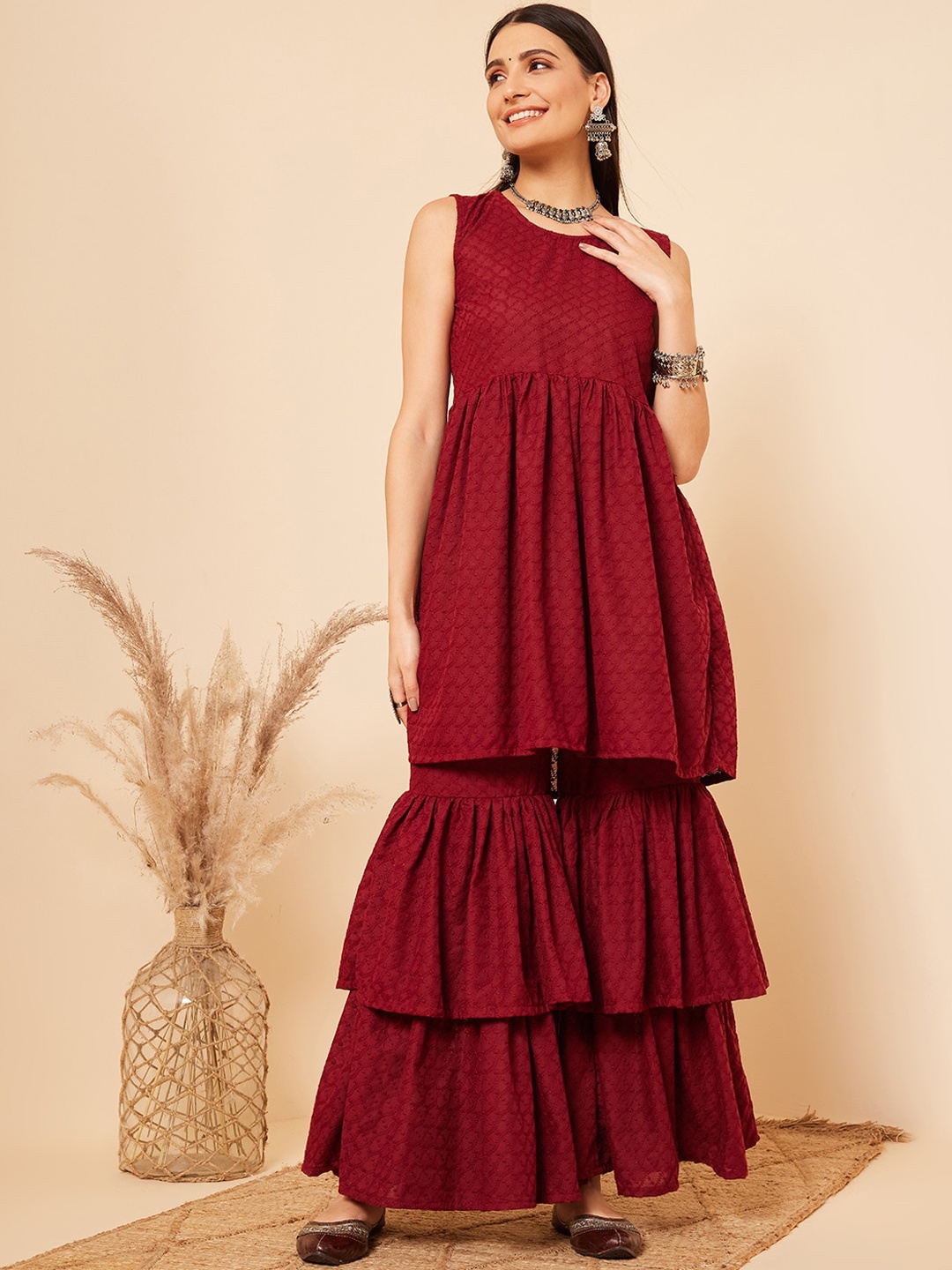 

InWeave Ethnic Motifs Embroidered A-Line Kurta with Sharara, Maroon