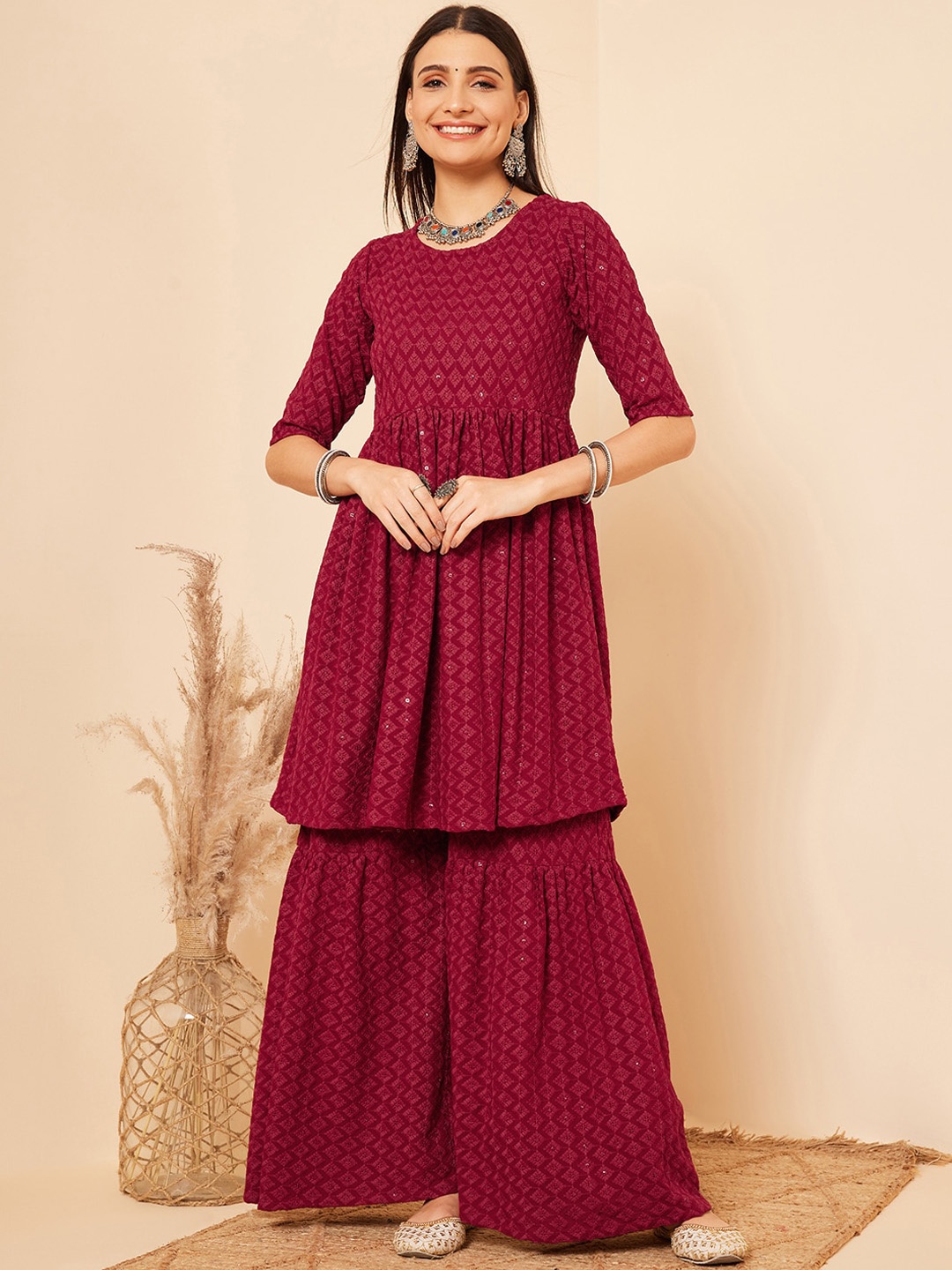 

InWeave Ethnic Motifs Embroidered Sequinned Straight Kurta With Sharara, Maroon