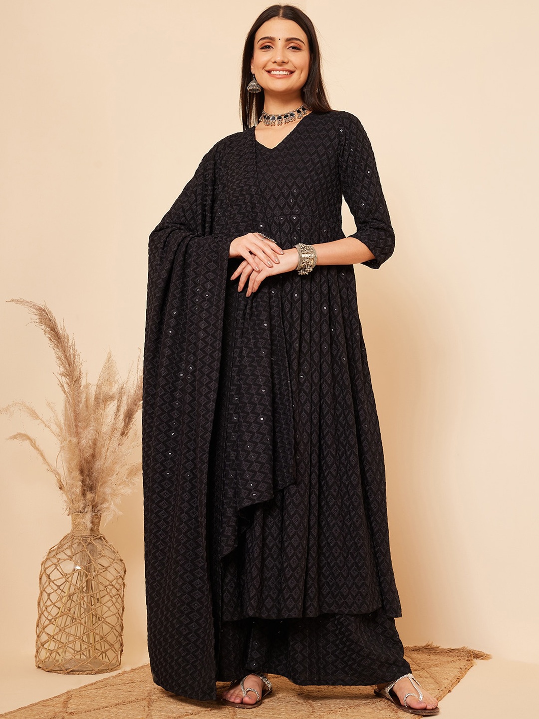 

InWeave Geometric Embroidered Sequinned Anarkali Kurta With Palazzos & With Dupatta, Black
