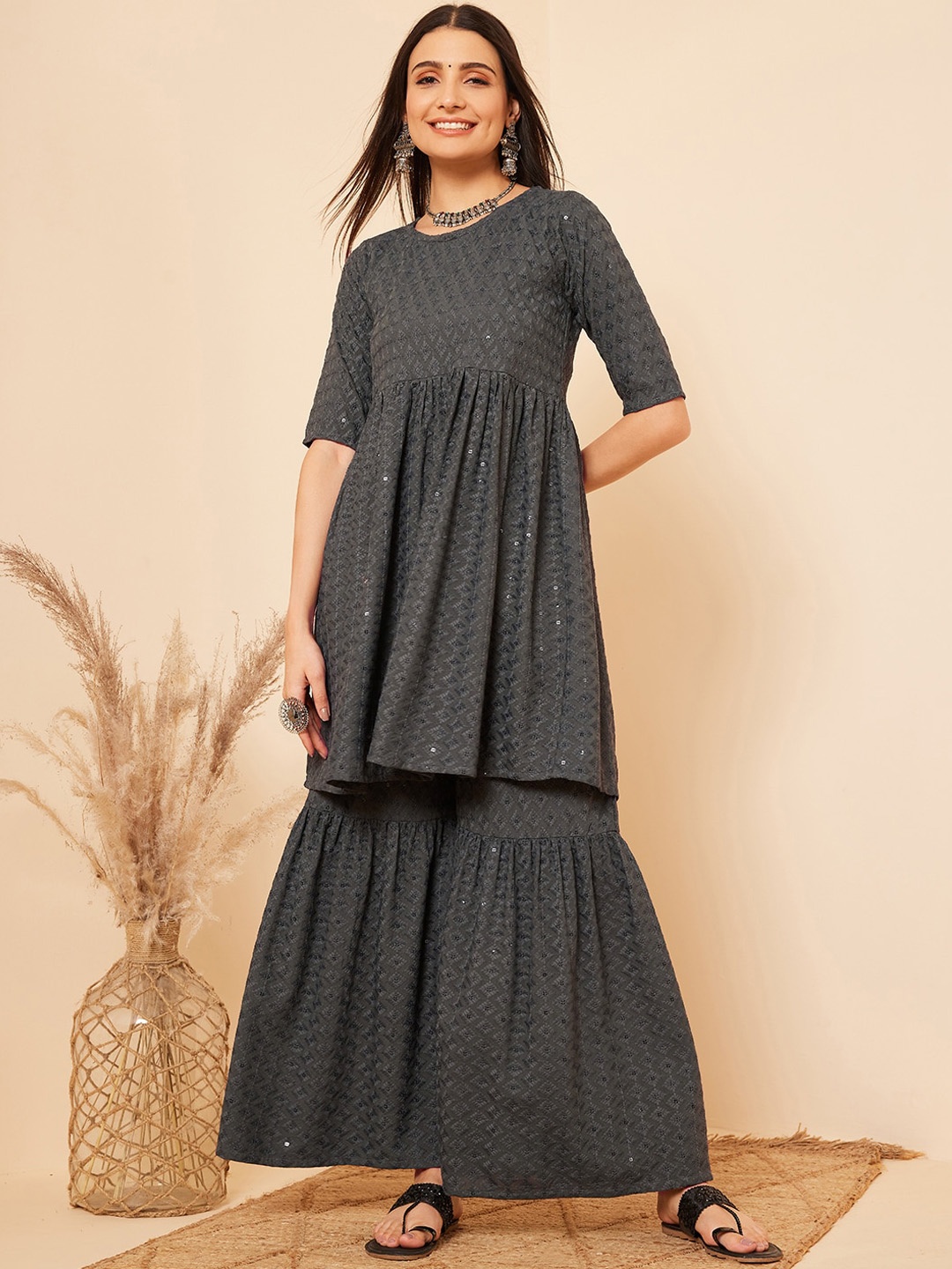 

InWeave Ethnic Motifs Embroidered Sequinned Kurta with Sharara, Grey