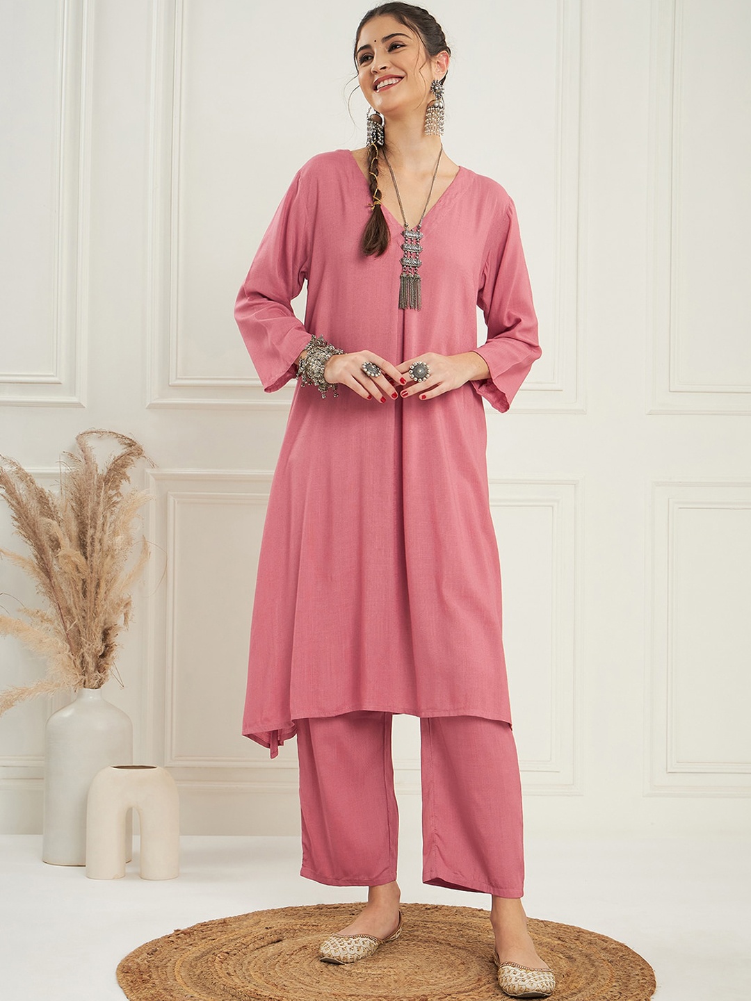 

InWeave V-Neck Pure Cotton A-Line Kurta with Trousers, Pink