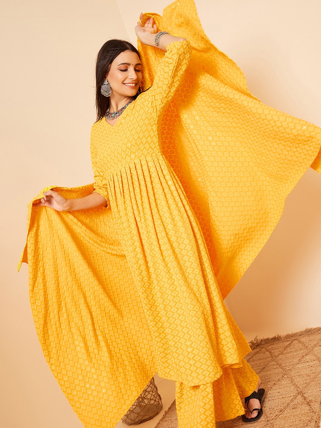 

InWeave Yellow Ethnic Motifs Embroidered Chikankari Anarkali Kurta & Trousers With Dupatta
