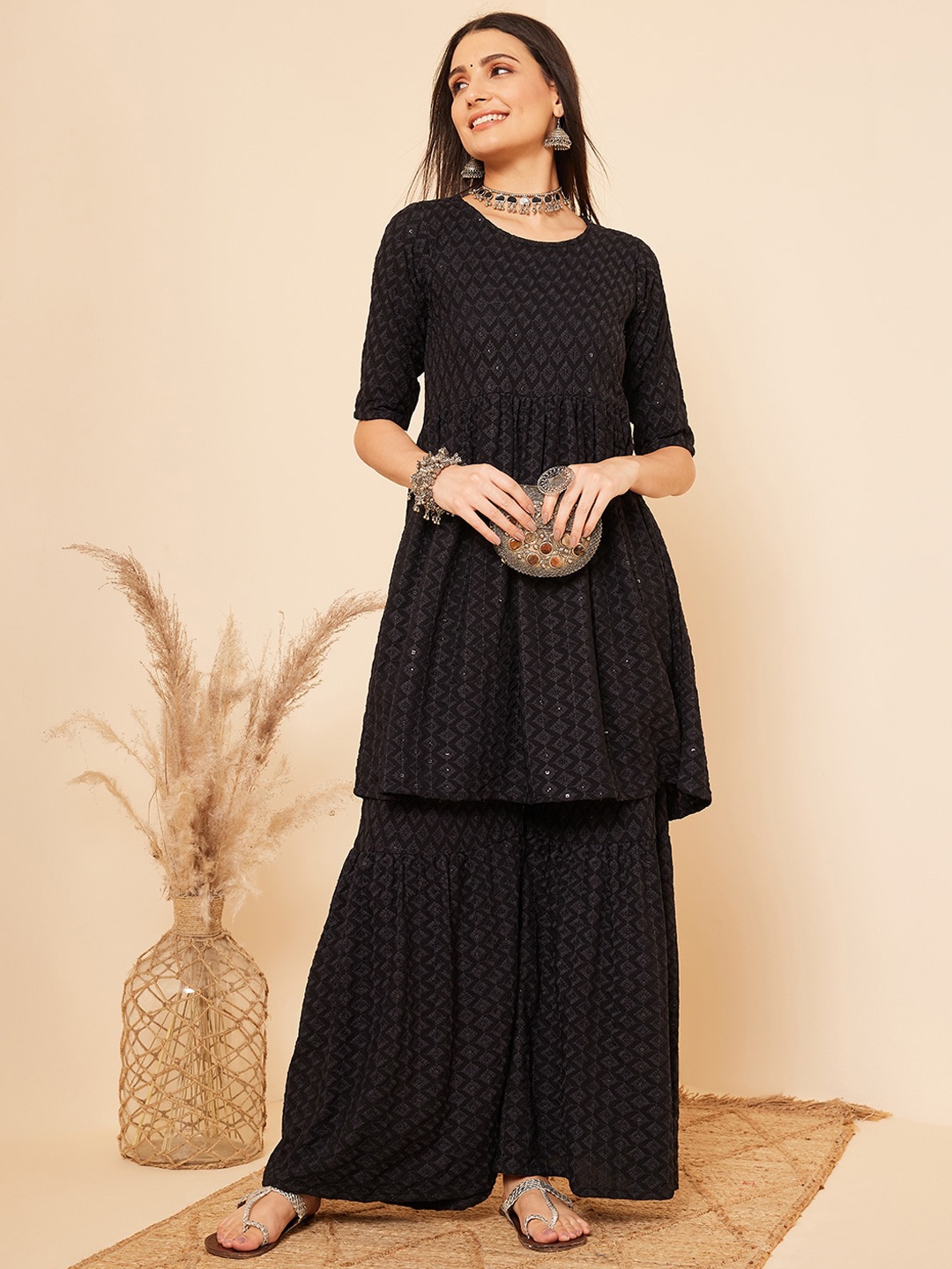 

InWeave Black Ethnic Motifs Embroidered Chikankari A-Line Kurta With Sharara
