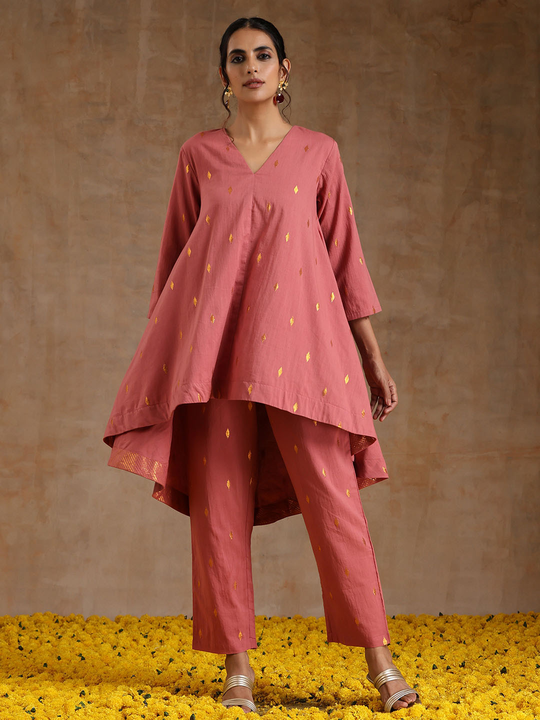 

trueBrowns Embellished V-Neck Pure Cotton Tunic With Trousers, Pink