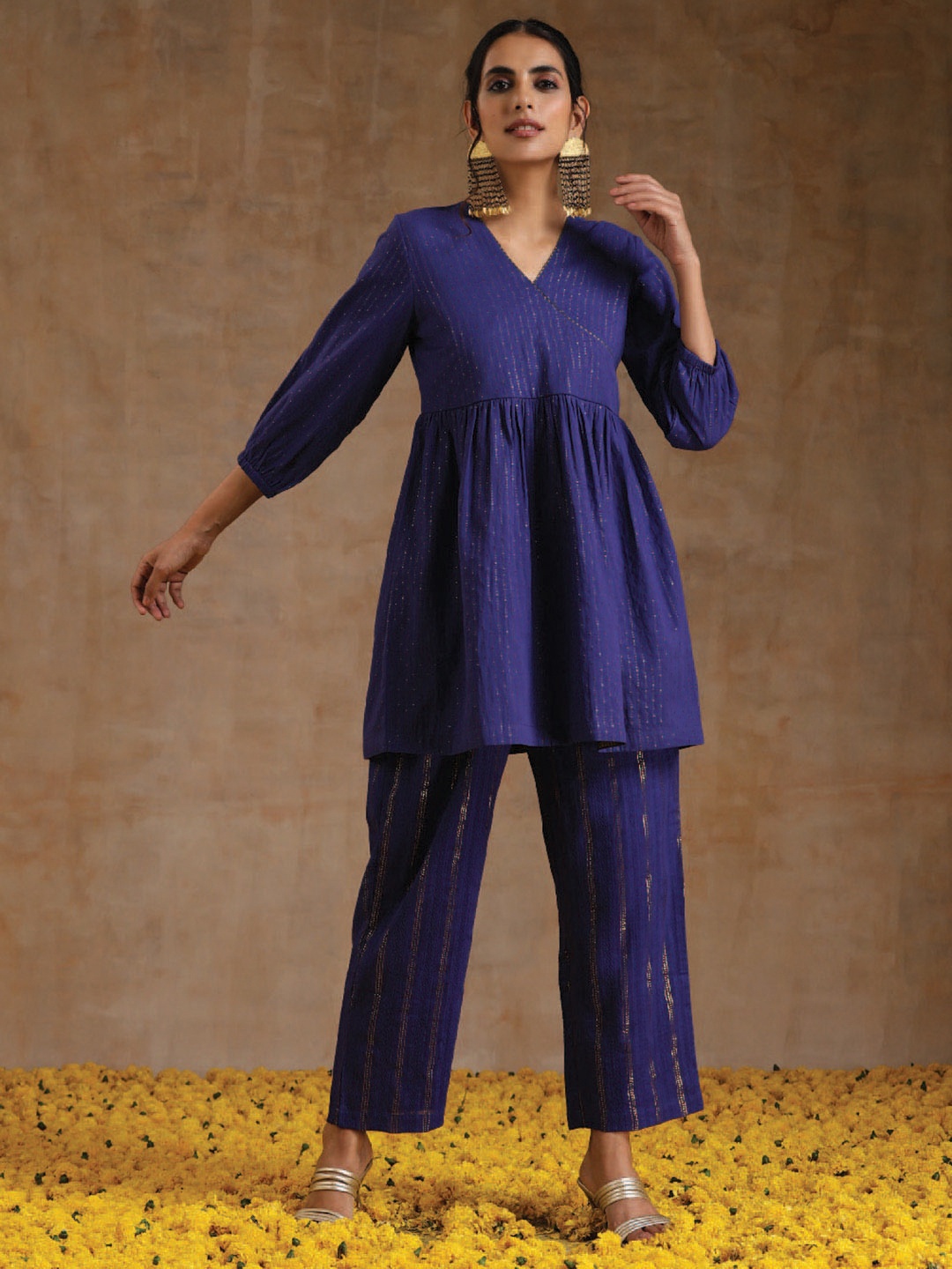 

trueBrowns Striped V-Neck Pure Cotton Tunic & Palazzos, Navy blue