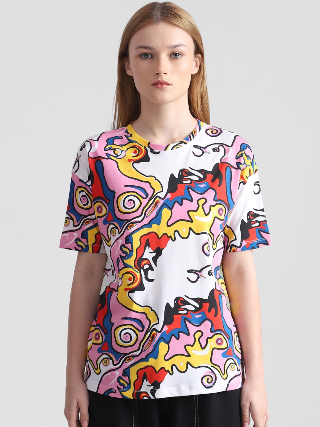 

ONLY Abstract Printed Extended Sleeves Loose Cotton T-Shirt, White