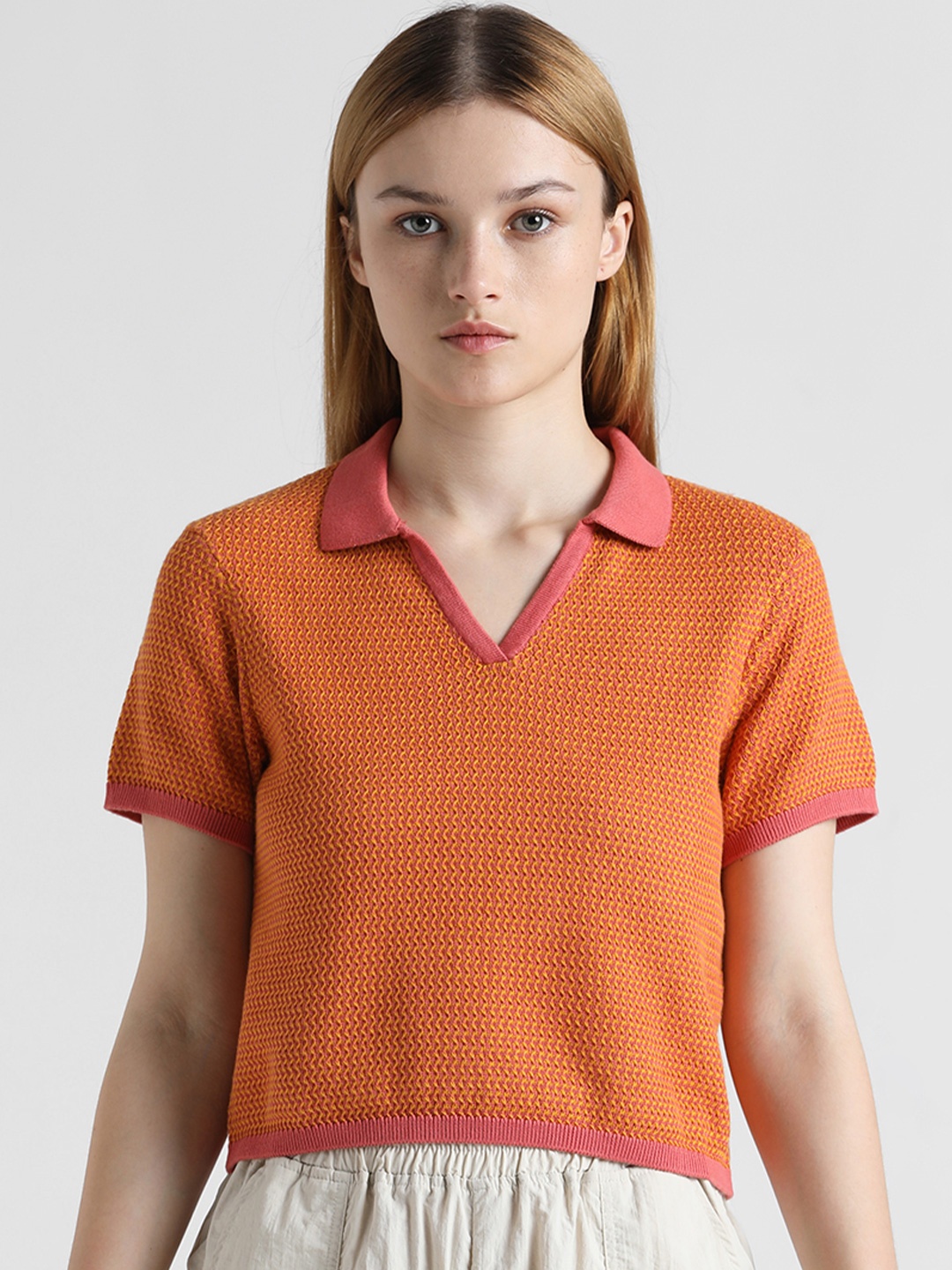 ONLY Self Design Polo Collar Knitted Cotton T-Shirt, Orange