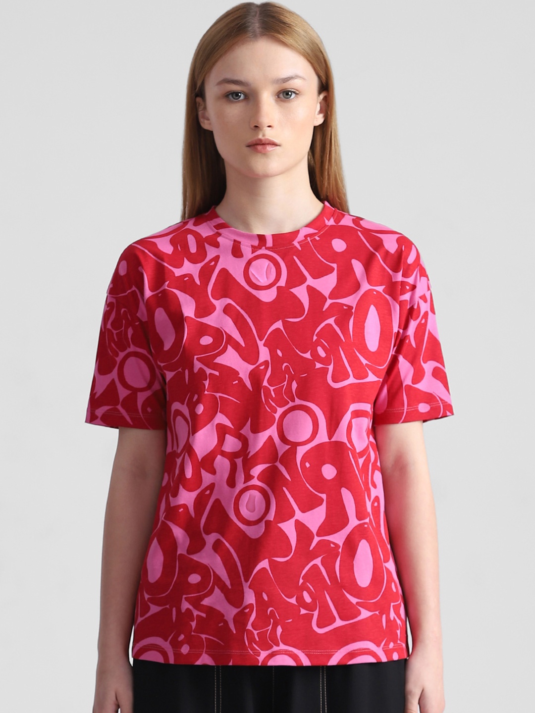ONLY Typography Printed Extended Sleeves Loose Cotton T-Shirt, Pink
