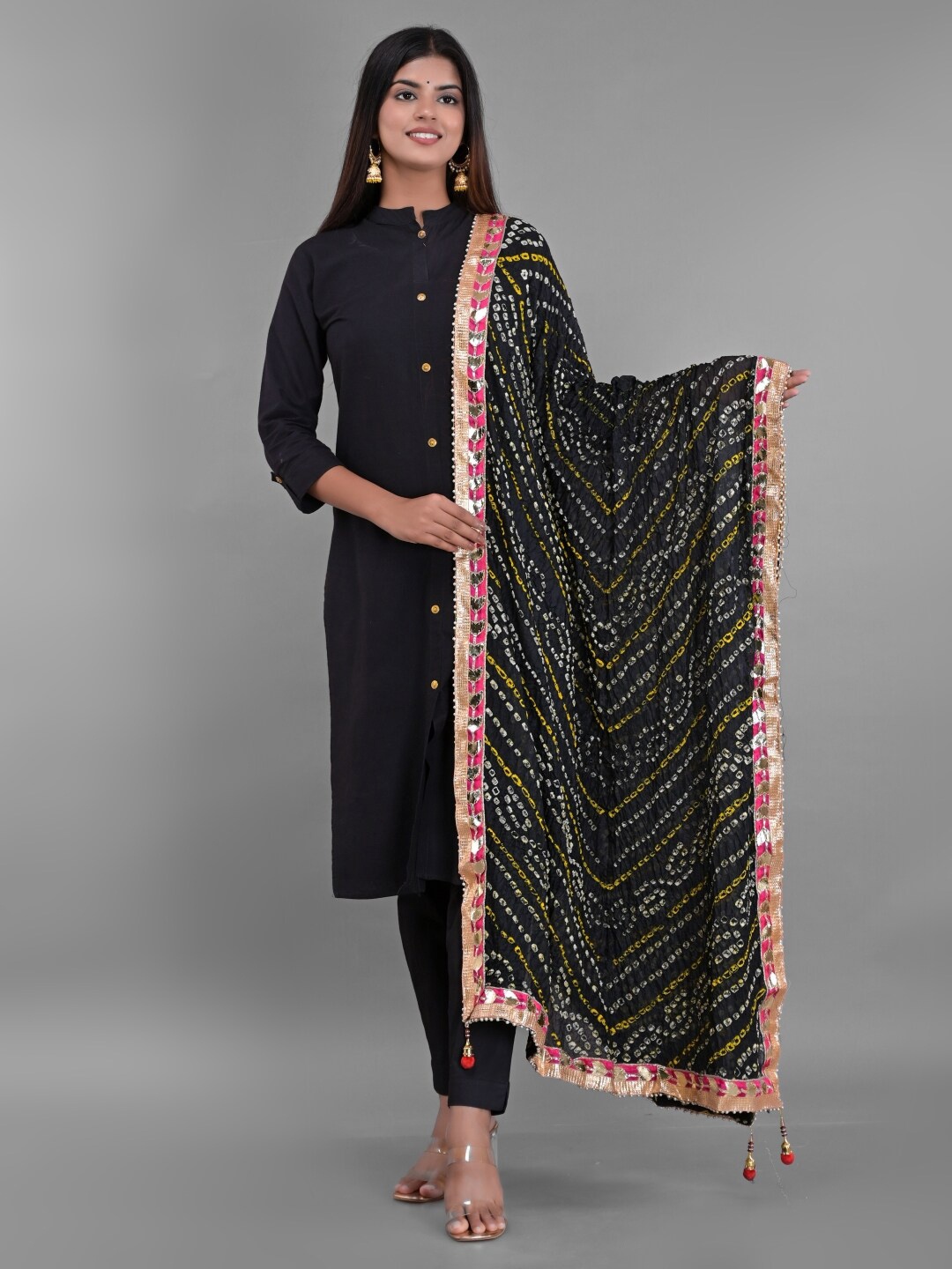 

Apratim Bandhani Printed Embellished Gotta Patti Pom Pom Art Silk Dupatta, Black