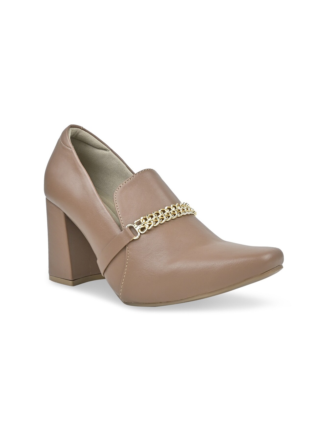 

Rocia Pointed Toe Chain Embellished Block Pumps, Taupe