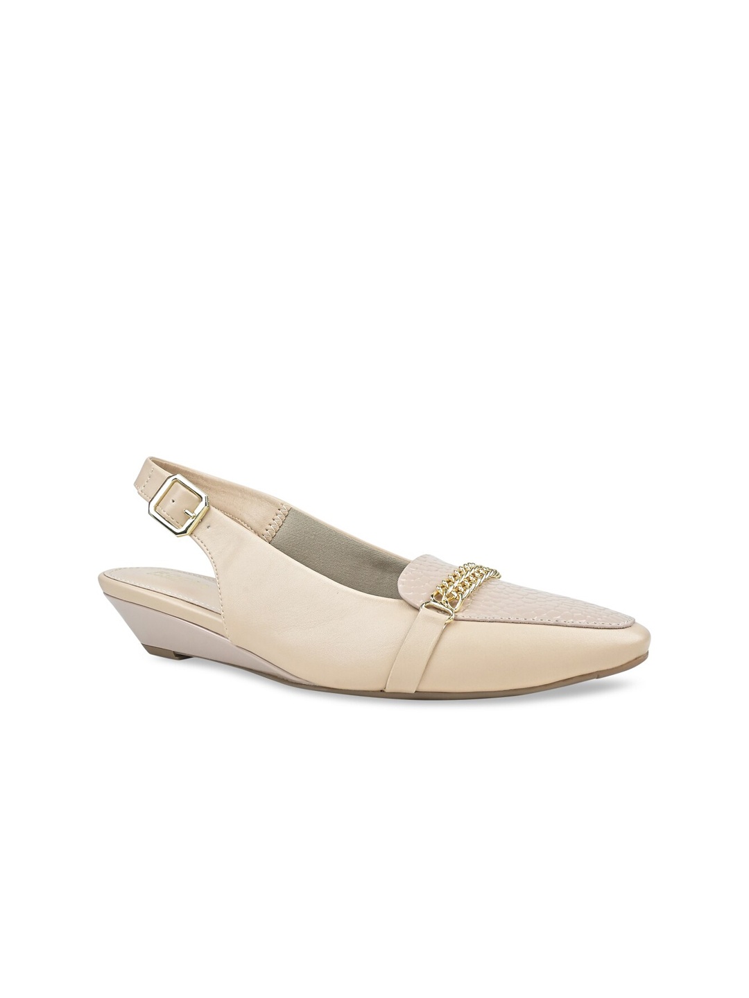 

Rocia Pointed Toe Textured Chained Embellished Wedges Mules With Backstrap, Beige