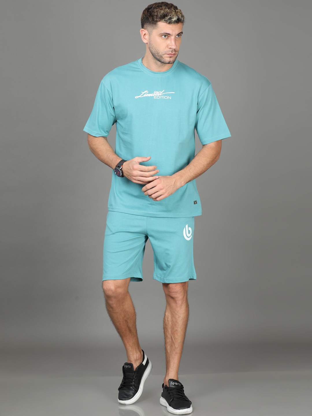 

Bushirt Round Neck Pure Cotton T-shirt With Shorts, Blue