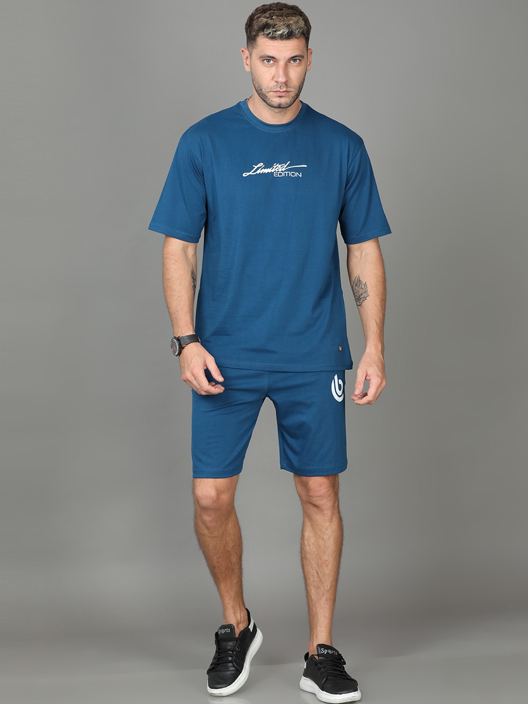 

Bushirt Round Neck Pure Cotton T-shirt With Shorts, Blue