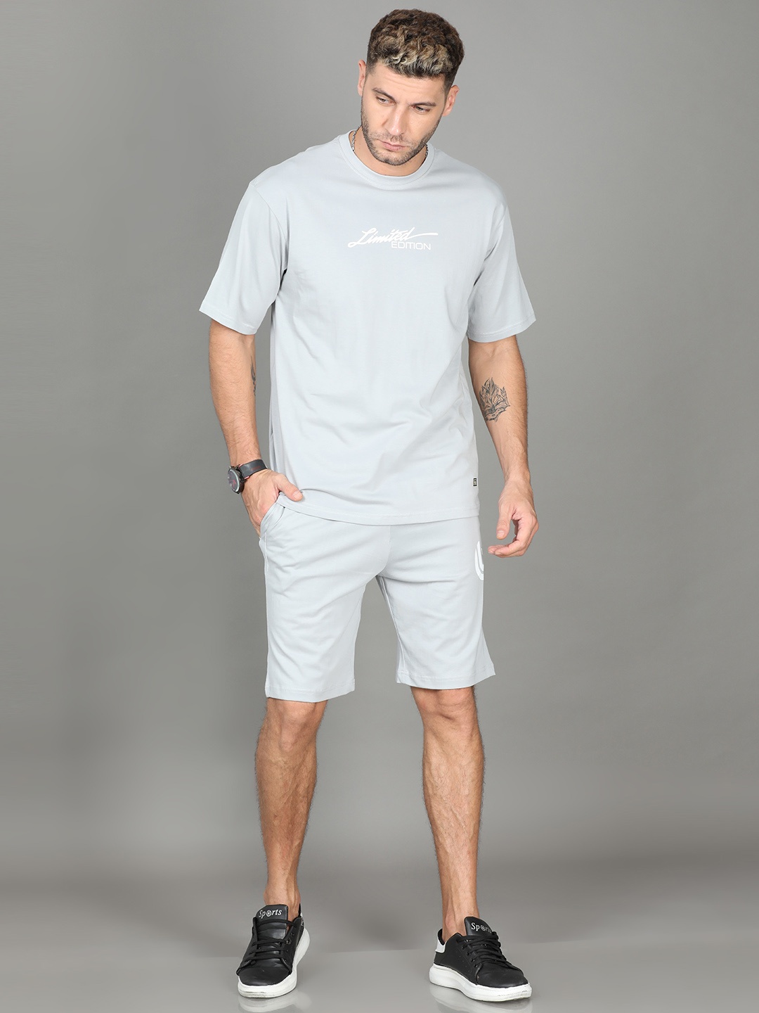 

Bushirt Round Neck Pure Cotton T-shirt With Shorts, Grey