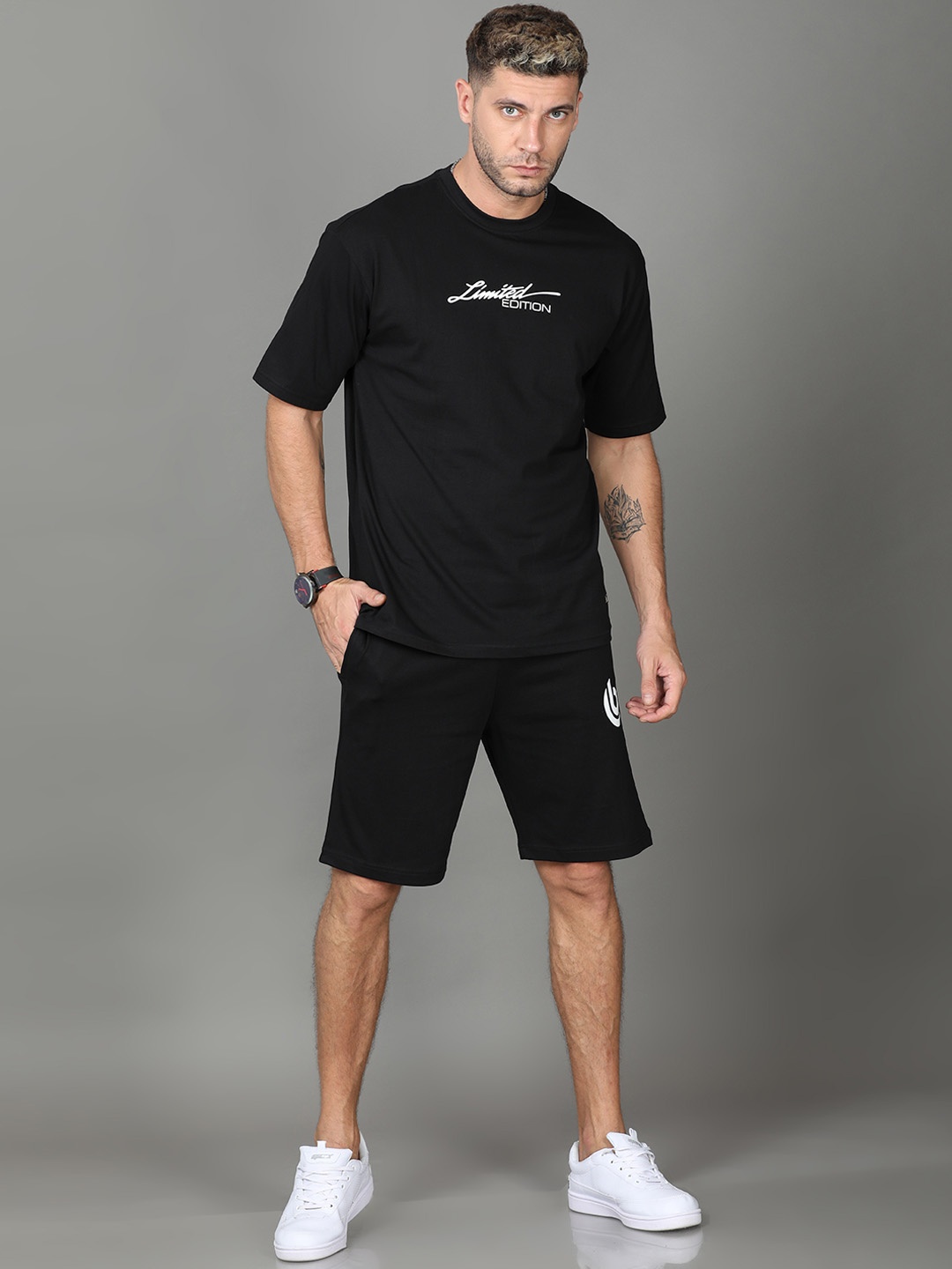 

Bushirt Printed Detail Pure Cotton T-Shirt & Shorts Co-ords, Black