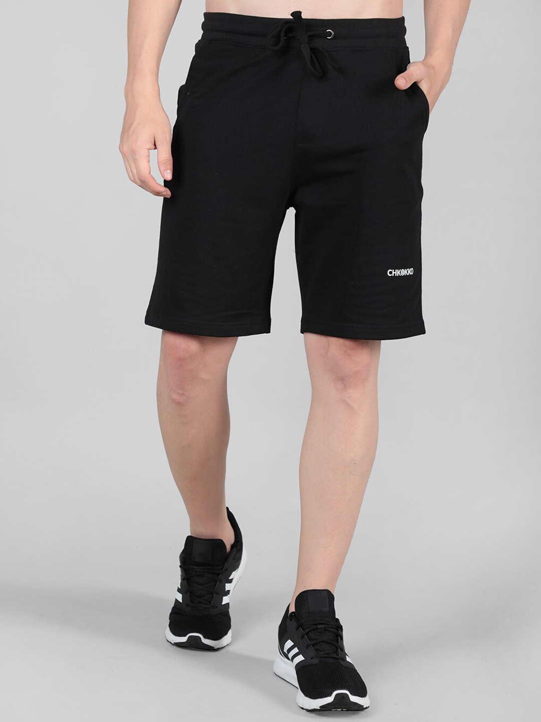 CHKOKKO Men Mid Rise Cotton Sports Shorts, Black