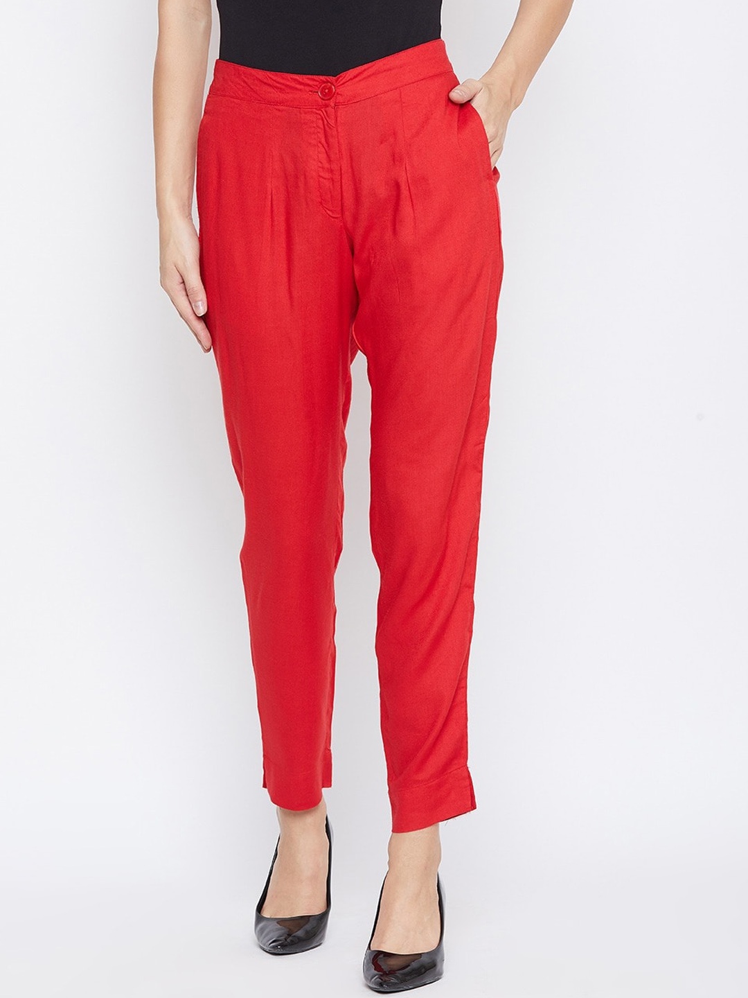 

SUTI Women Comfort Slim Fit Pleated Trousers, Red