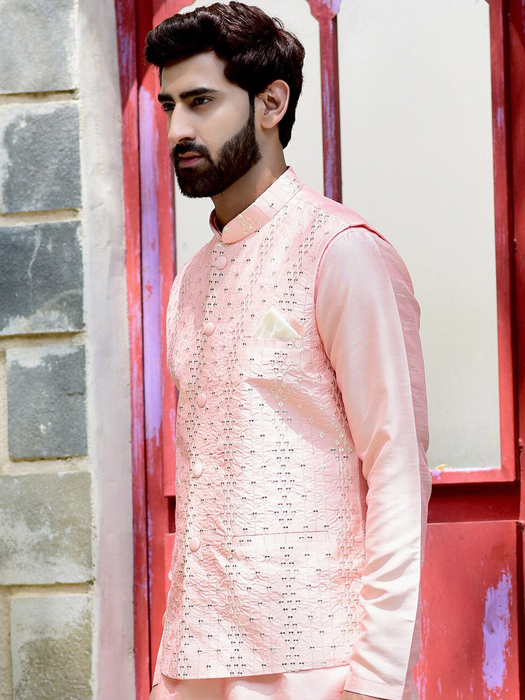 

HOUSE OF DEYANN Embroidered Nehru Jacket, Peach