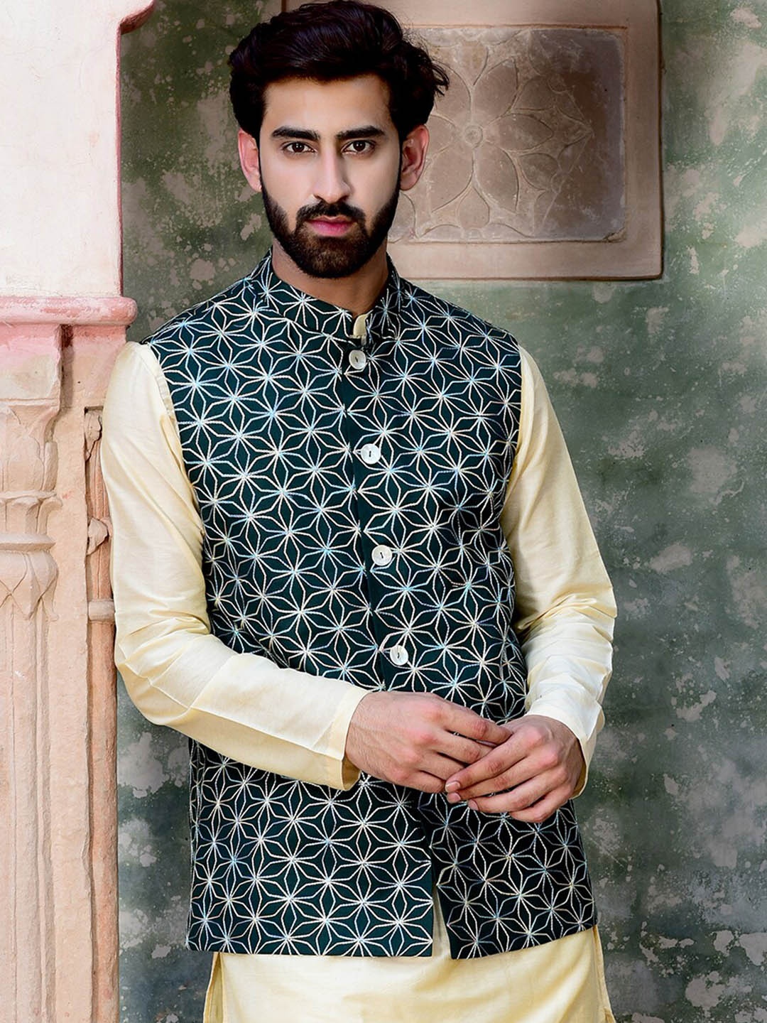 

HOUSE OF DEYANN Embellished Pure Cotton Nehru Jacket, Green