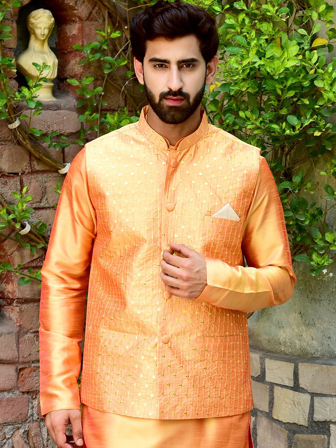 

HOUSE OF DEYANN Embroidered Sequined Satin Nehru Jacket, Yellow