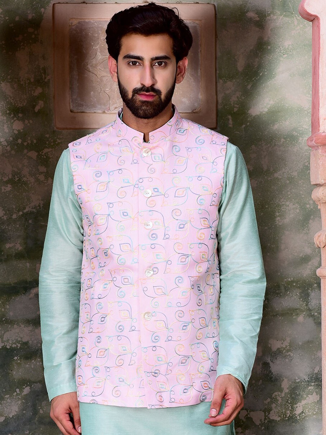 

HOUSE OF DEYANN Embroidered Satin Pure Cotton Nehru Jackets, Pink