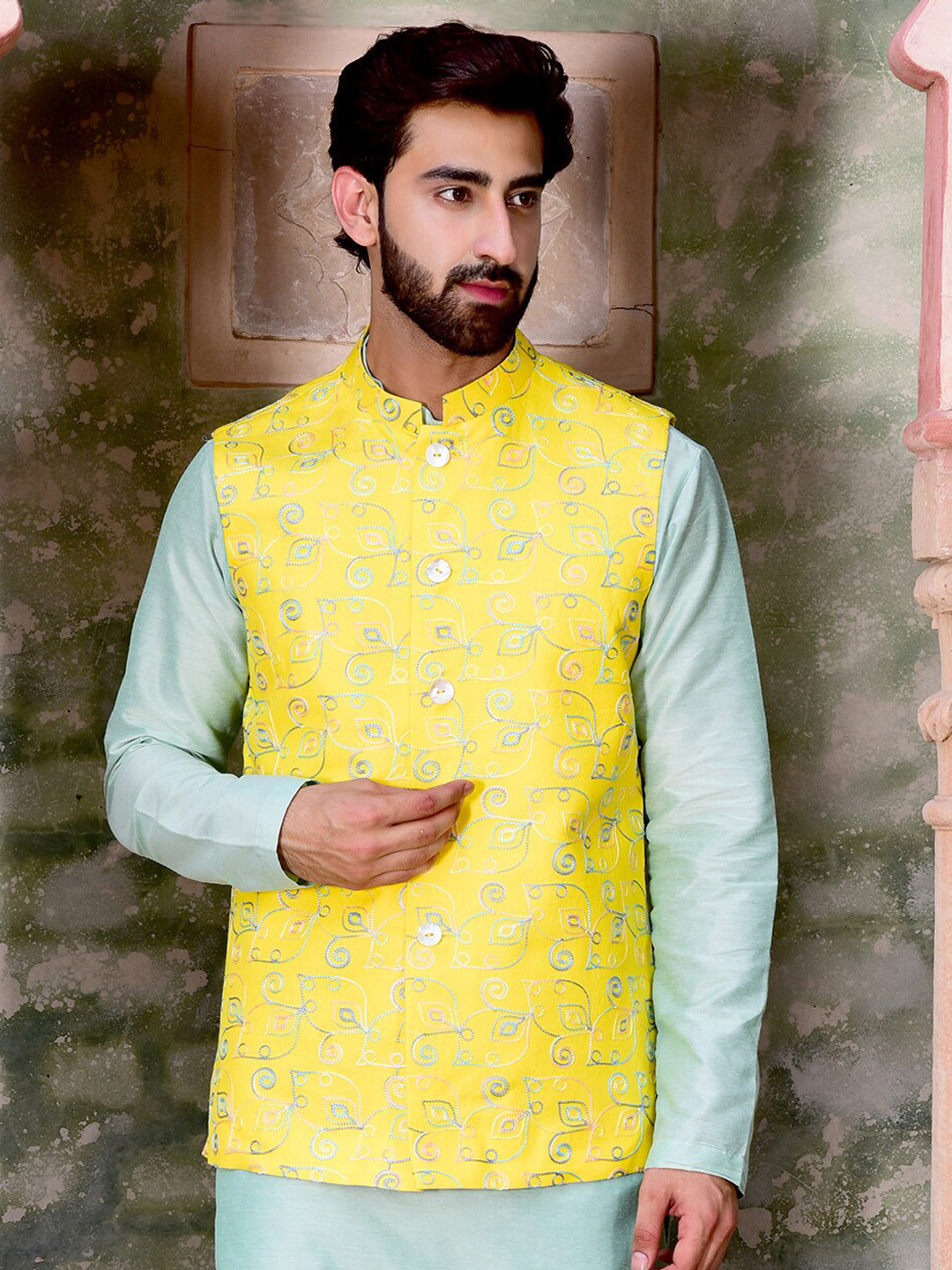 

HOUSE OF DEYANN Embroidered Pure Cotton Nehru Jacket, Yellow