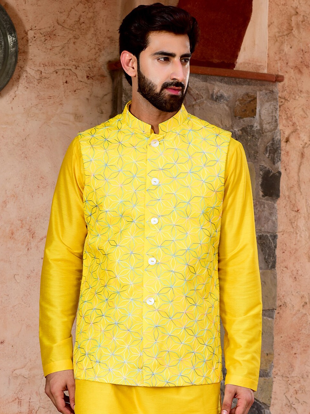 

HOUSE OF DEYANN Embellished Pure Cotton Nehru Jacket, Yellow