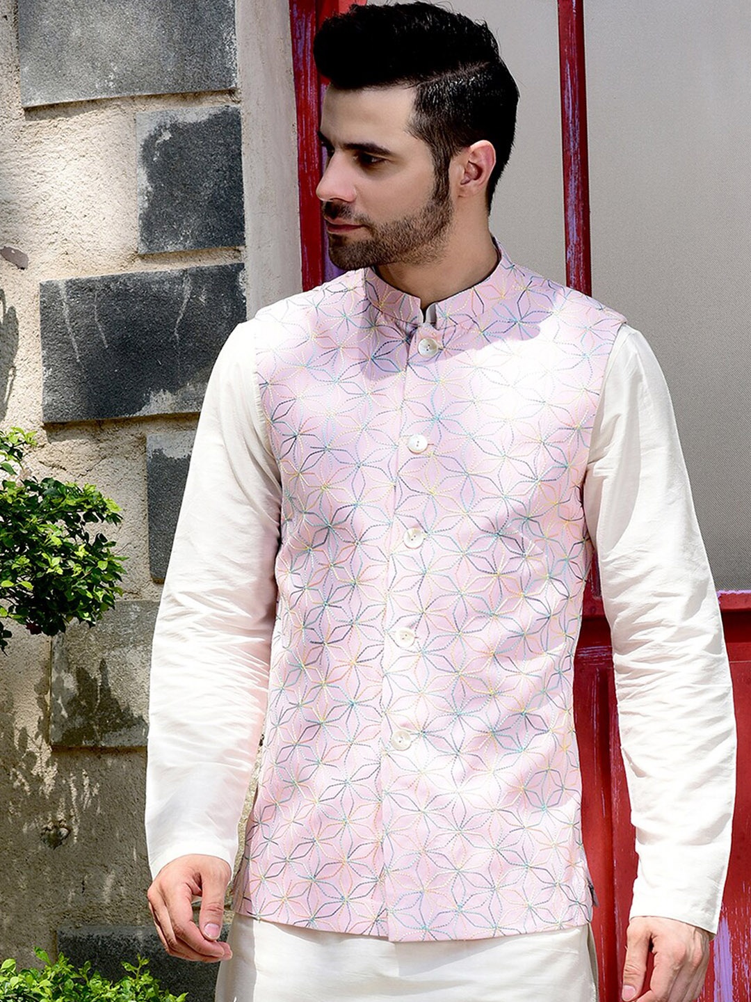 

HOUSE OF DEYANN Embroidered Pure Cotton Nehru Jacket, Pink