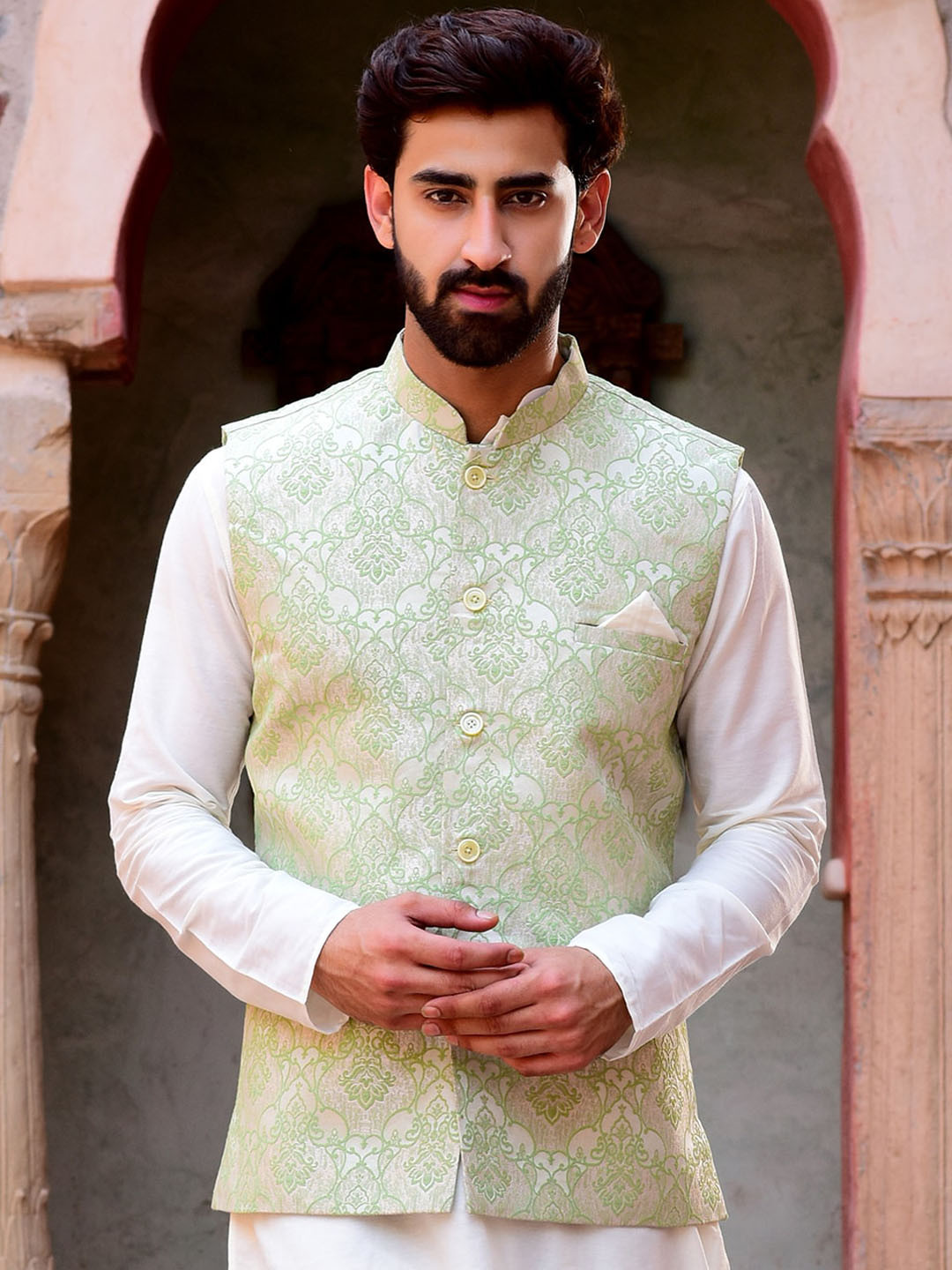 

HOUSE OF DEYANN Woven-Design Satin Nehru Jacket, Green