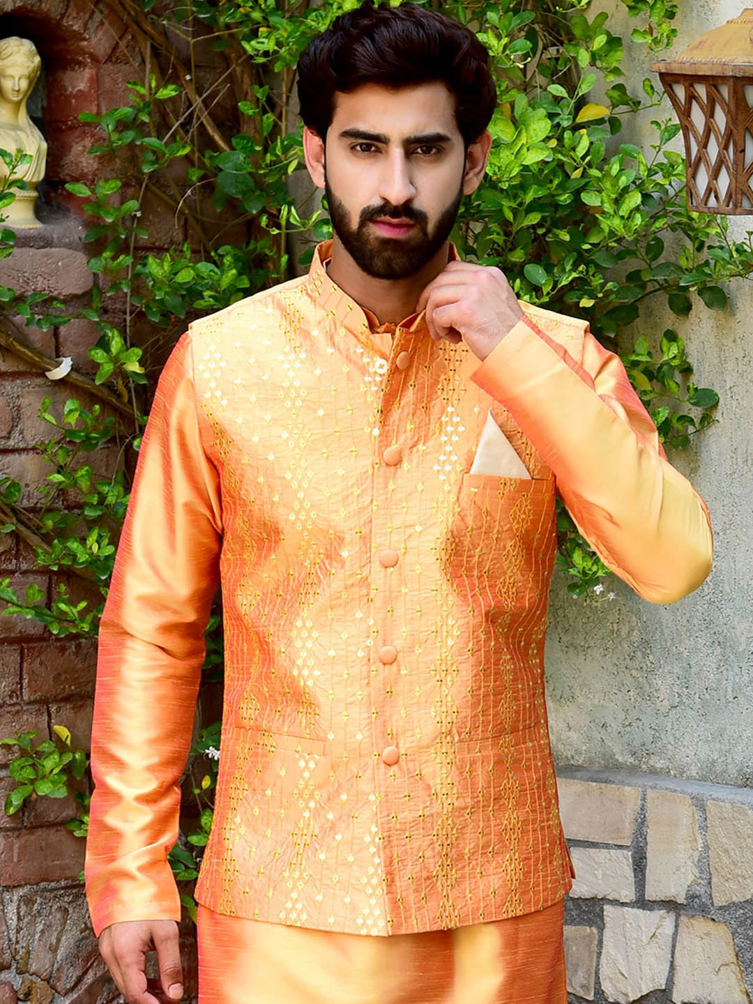 

HOUSE OF DEYANN Embellished Sequinned Satin Nehru Jacket, Orange