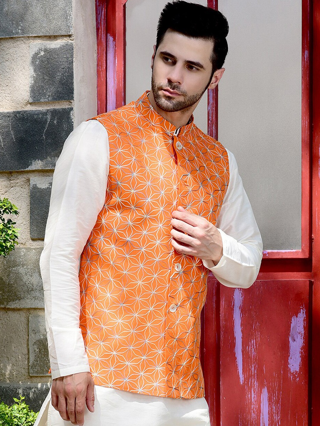 

HOUSE OF DEYANN Embroidered Pure Cotton Nehru Jacket, Orange