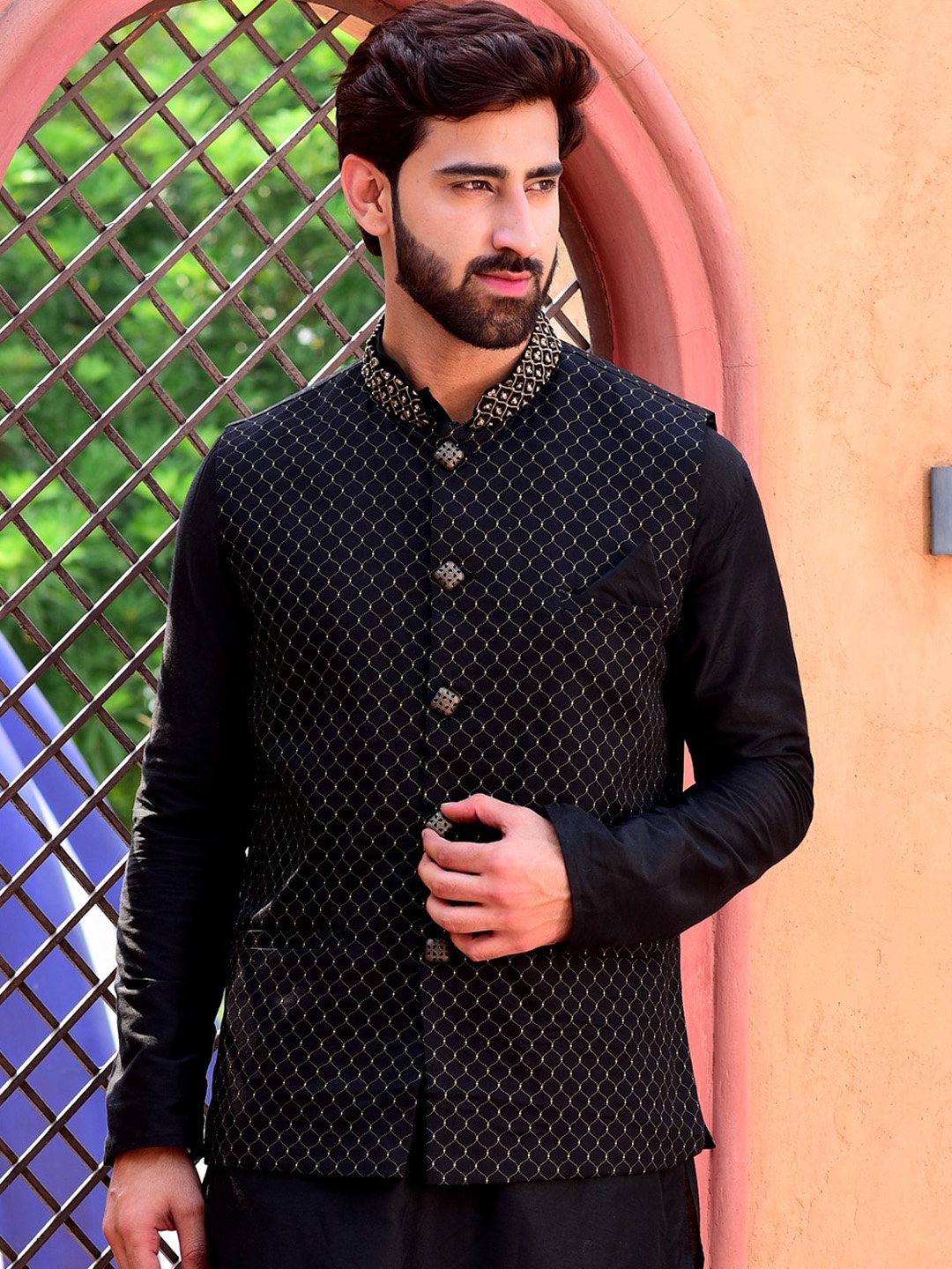 

HOUSE OF DEYANN Embellished Pure Cotton Nehru Jacket, Black