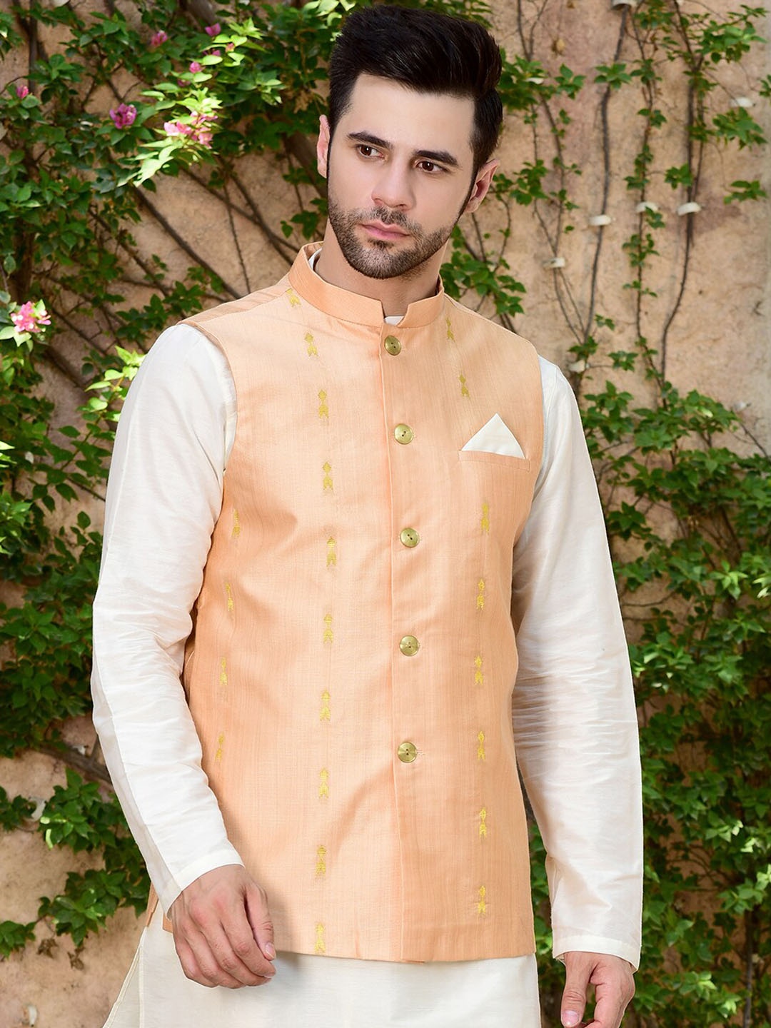 

HOUSE OF DEYANN Woven-Design Satin Nehru Jacket, Orange