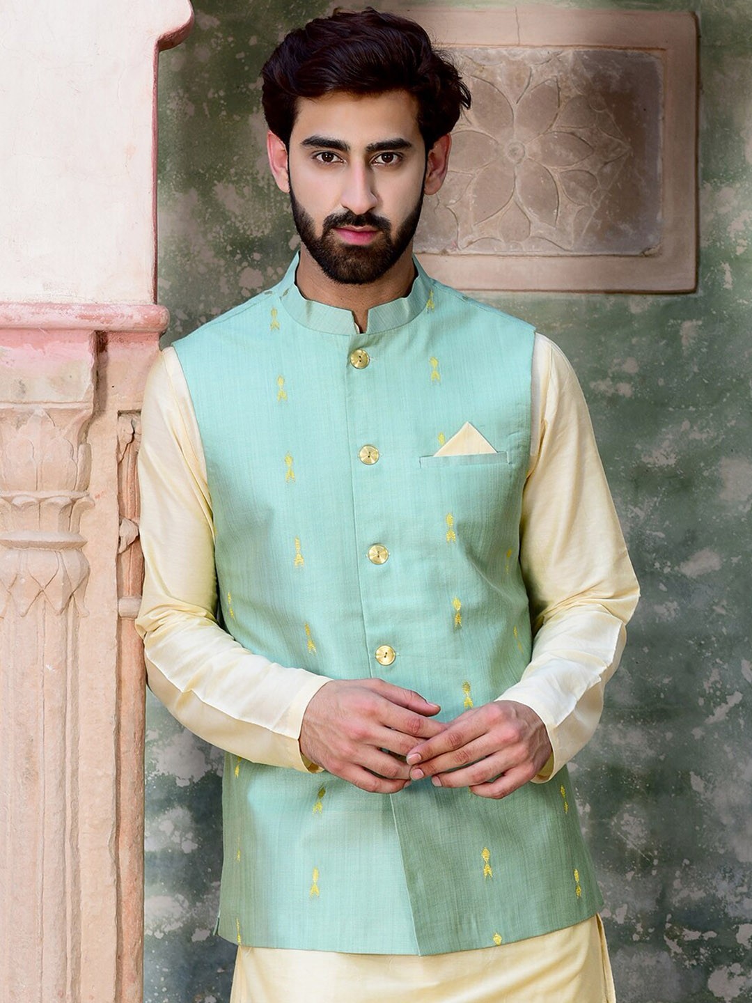 

HOUSE OF DEYANN Woven-Design Nehru Jacket, Green