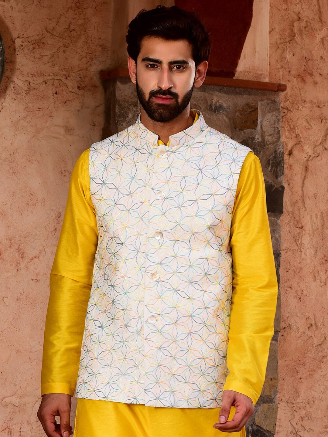 

HOUSE OF DEYANN Embroidered Pure Cotton Nehru Jacket, Off white
