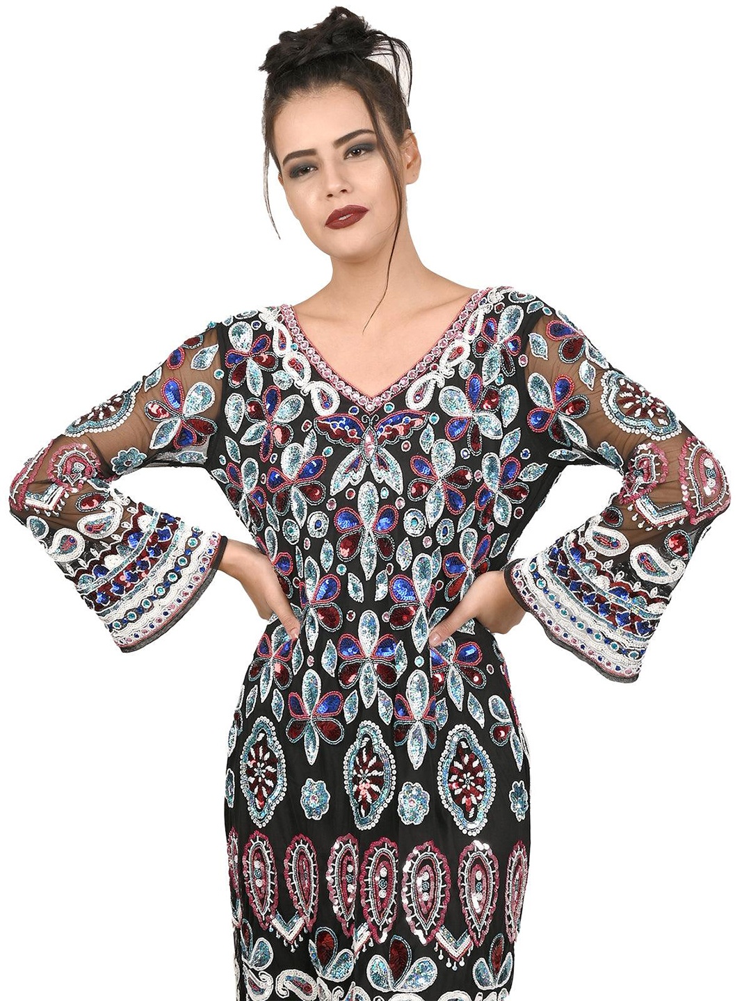 

ODETTE Embellished Flared Sleeve Sheath Dress, Black