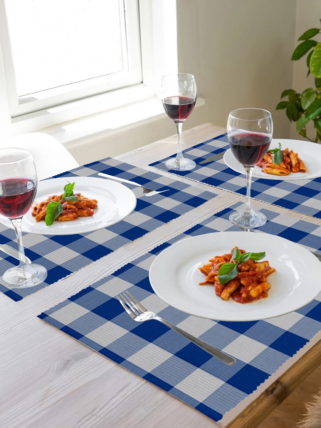 

Lushomes 4 Pieces Blue & White Checked Pure Cotton Table Placemats